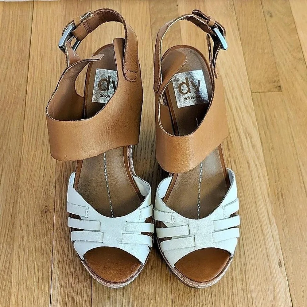 Women's Tan and White Wedge Sandals